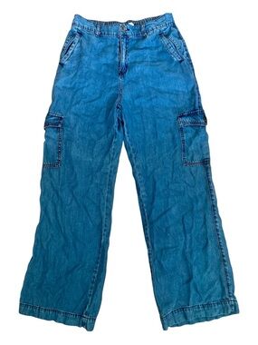Happily Grey Lyocell Cargo Pants Wide Leg Elastic Waist Blue Utility Pants S/M
